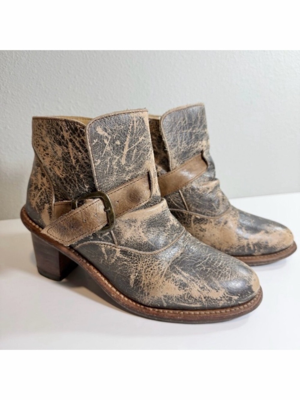 Bed Stu Ankle Boot Size 6 Brown Distressed Leather Buckle Accent Cobbler Series